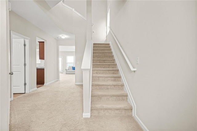 stairway featuring carpet floors and baseboards