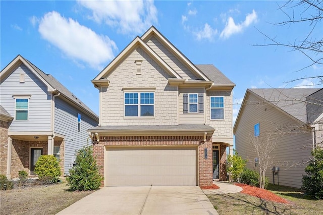 craftsman inspired home featuring brick siding, driveway, and an attached garage