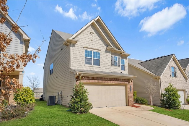 craftsman inspired home with brick siding, concrete driveway, an attached garage, cooling unit, and a front lawn