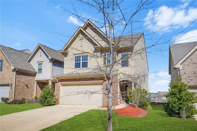 view of front of house with a garage, a front lawn, concrete driveway, and brick siding