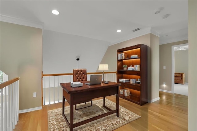 office area with recessed lighting, visible vents, ornamental molding, and light wood finished floors