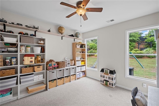 121 Bradshaw Park Dr, Woodstock, GA 30188 - rec room featuring carpet floors, a ceiling fan, and baseboards