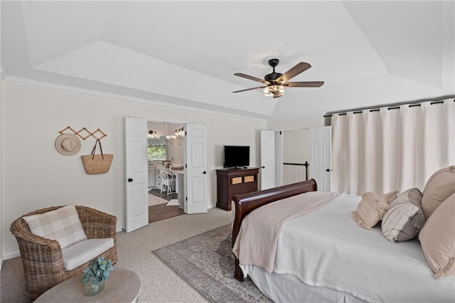 121 Bradshaw Park Dr, Woodstock, GA 30188 - carpeted bedroom with a tray ceiling, baseboards, ceiling fan, and a chandelier