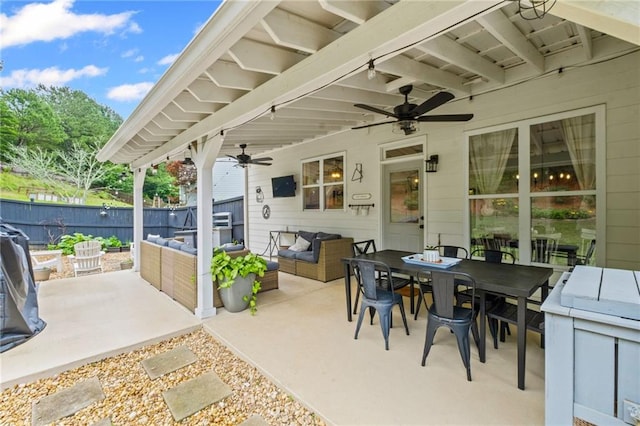 121 Bradshaw Park Dr, Woodstock, GA 30188 - fenced backyard featuring a ceiling fan, an outdoor living space, a patio area, and outdoor dining space