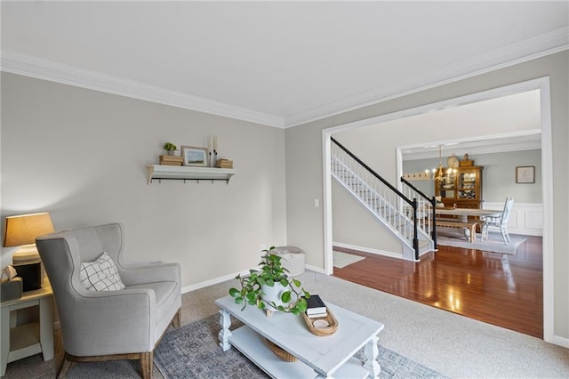 121 Bradshaw Park Dr, Woodstock, GA 30188 - living room featuring a chandelier, crown molding, carpet, stairway, and baseboards