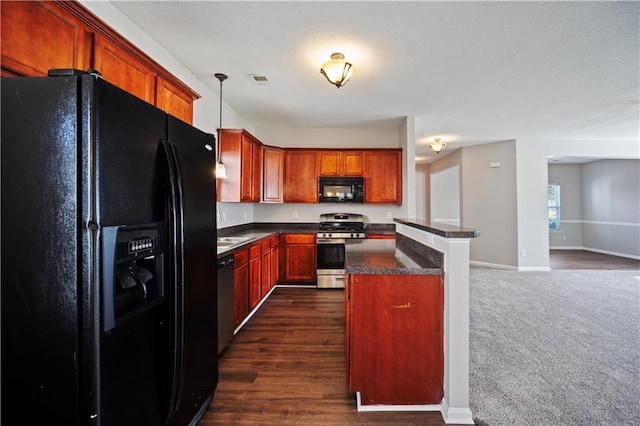 3223 Tallon Ln SW, Atlanta, GA 30311 - kitchen with black appliances, dark countertops, baseboards, open floor plan, and a kitchen island