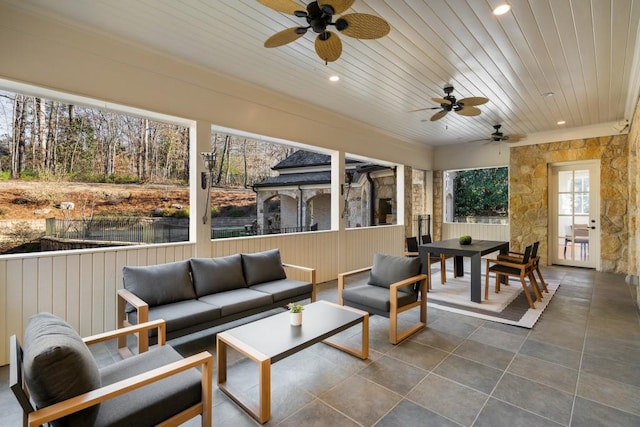 sunroom with wood ceiling