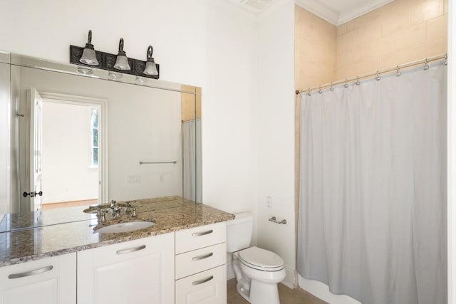 bathroom with vanity, ornamental molding, curtained shower, and toilet