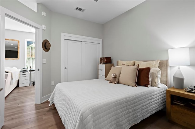 bedroom featuring wood-type flooring and a closet