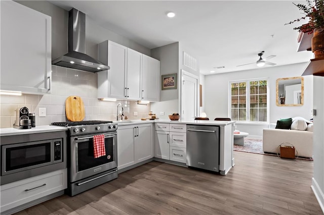 kitchen with wall chimney exhaust hood, white cabinetry, dark hardwood / wood-style floors, ceiling fan, and stainless steel appliances