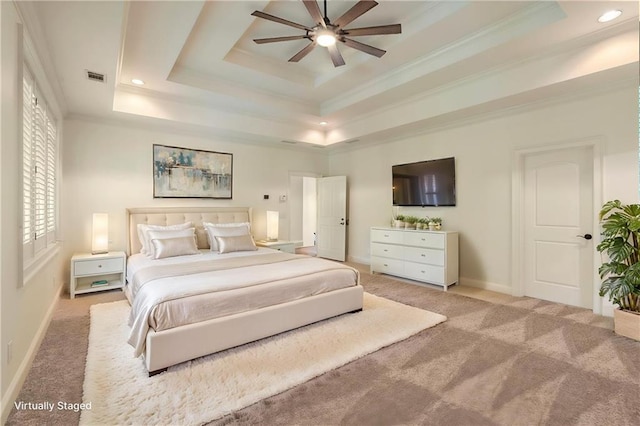 1632 Brookhaven Close NE, Brookhaven, GA 30319 - bedroom featuring a tray ceiling, carpet flooring, ornamental molding, recessed lighting, and baseboards