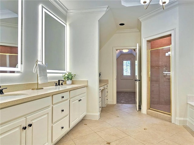 1632 Brookhaven Close NE, Brookhaven, GA 30319 - bathroom featuring ornamental molding, double vanity, baseboards, a stall shower, and tile patterned floors
