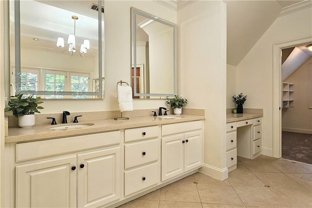 1632 Brookhaven Close NE, Brookhaven, GA 30319 - bathroom with double vanity, a chandelier, lofted ceiling, tile patterned flooring, and crown molding