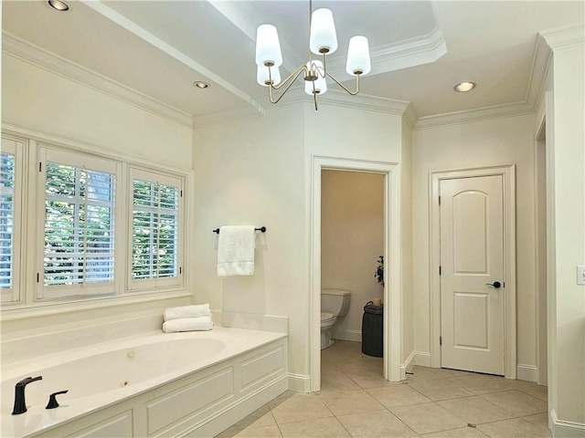 1632 Brookhaven Close NE, Brookhaven, GA 30319 - bathroom featuring a tub with jets, toilet, tile patterned flooring, a chandelier, and ornamental molding