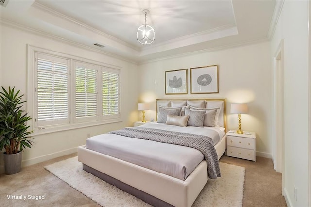 1632 Brookhaven Close NE, Brookhaven, GA 30319 - carpeted bedroom with crown molding, baseboards, and a tray ceiling
