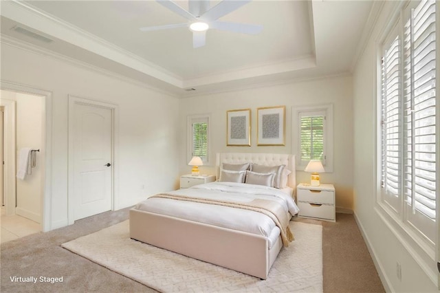 1632 Brookhaven Close NE, Brookhaven, GA 30319 - bedroom featuring light colored carpet, a raised ceiling, crown molding, and ceiling fan