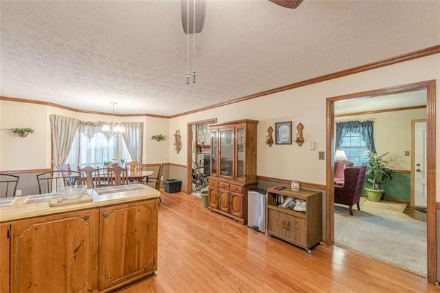 4411 Westerling Ct, Powder Springs, GA 30127 - kitchen featuring a textured ceiling, light wood-style flooring, wainscoting, a chandelier, and brown cabinets
