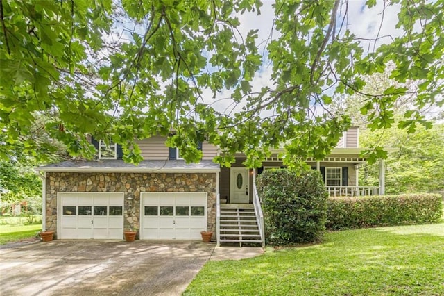 4411 Westerling Ct, Powder Springs, GA 30127 - view of front of home featuring stone siding, driveway, a front lawn, and an attached garage