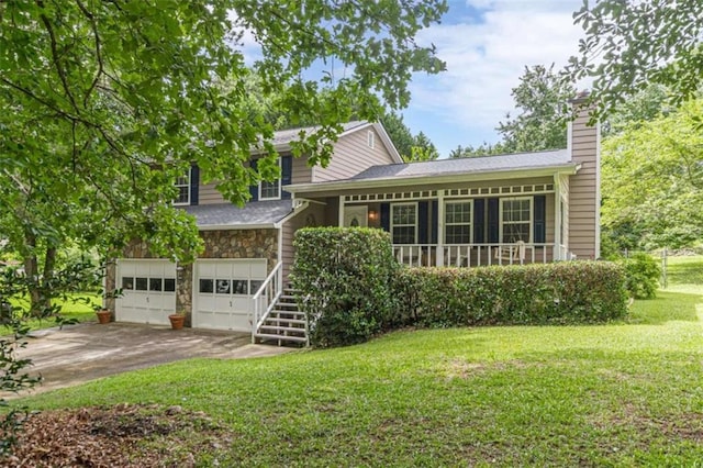 4411 Westerling Ct, Powder Springs, GA 30127 - split level home with driveway, a front yard, stone siding, a garage, and a chimney