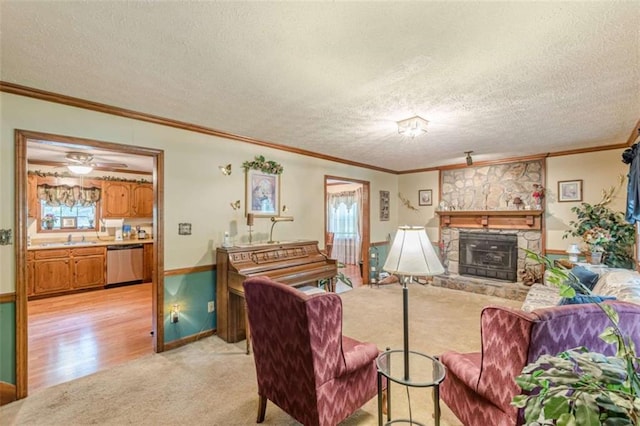 4411 Westerling Ct, Powder Springs, GA 30127 - living room featuring light carpet, a stone fireplace, ornamental molding, and a textured ceiling