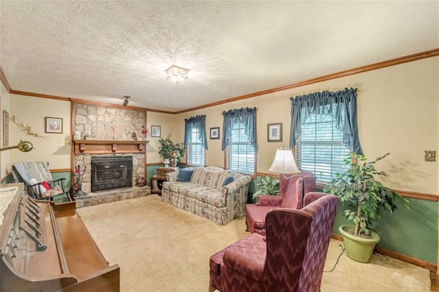 4411 Westerling Ct, Powder Springs, GA 30127 - living room with a stone fireplace, carpet flooring, ornamental molding, and a textured ceiling