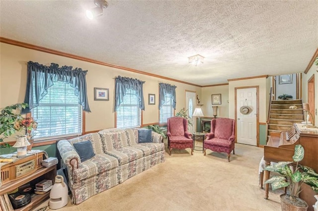 4411 Westerling Ct, Powder Springs, GA 30127 - carpeted living area featuring stairway, ornamental molding, and a textured ceiling