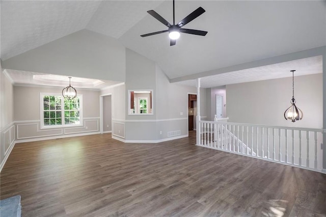 232 Barrett Springs Way, Canton, GA 30115 - unfurnished living room with a chandelier, high vaulted ceiling, dark wood finished floors, and ceiling fan
