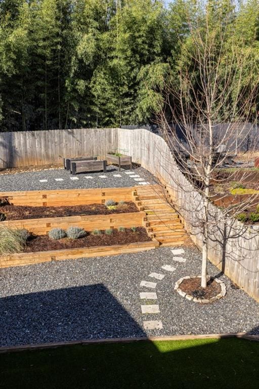 view of yard with a fenced backyard and a garden