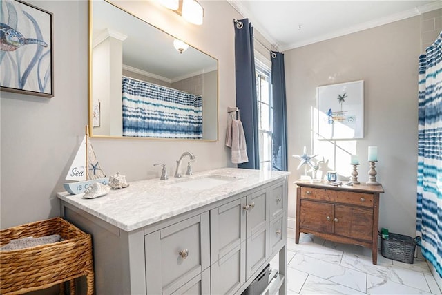 bathroom featuring crown molding, vanity, and a shower with shower curtain