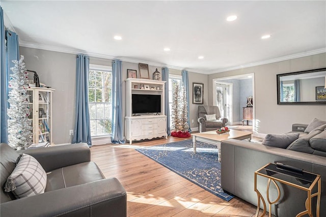 living room featuring ornamental molding and light wood-type flooring