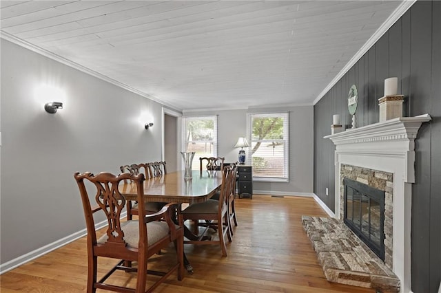 9470 Hillside Dr, Roswell, GA 30076 - dining space with a stone fireplace, ornamental molding, wood finished floors, and wood ceiling