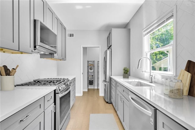 kitchen featuring gray cabinets, sink, light hardwood / wood-style floors, and stainless steel appliances