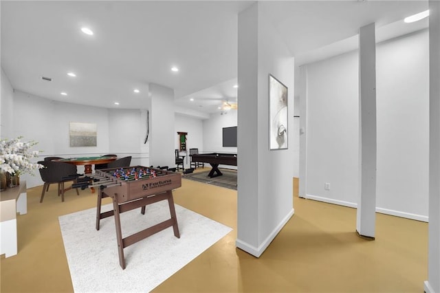 recreation room featuring ceiling fan and pool table