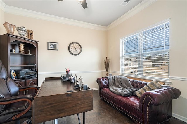 office space featuring ornamental molding, ceiling fan, and dark hardwood / wood-style floors