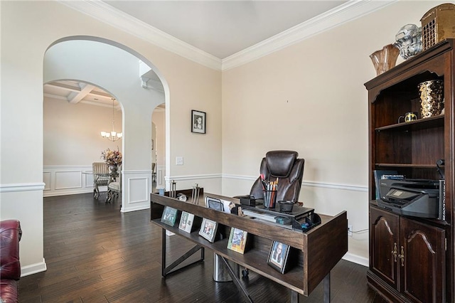 office space featuring beamed ceiling, ornamental molding, coffered ceiling, a chandelier, and dark wood-type flooring