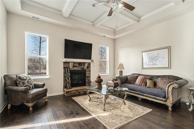 living room with dark wood-type flooring, beam ceiling, ceiling fan, coffered ceiling, and a stone fireplace