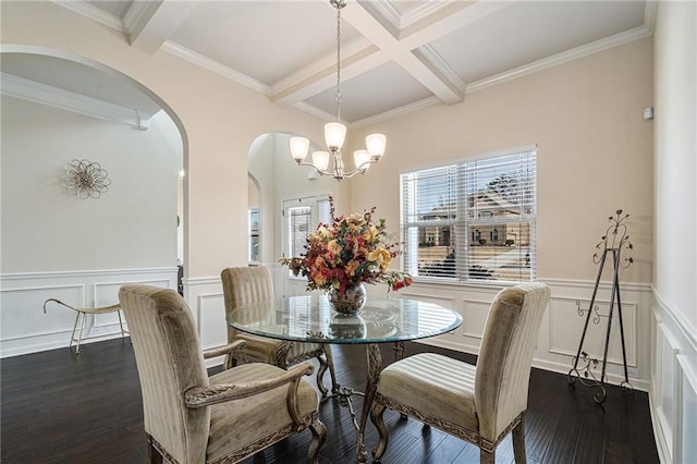 dining room with dark hardwood / wood-style floors, coffered ceiling, a chandelier, crown molding, and beam ceiling