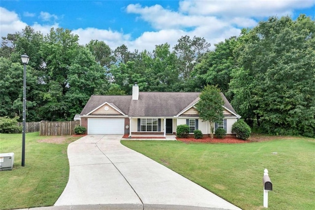 1227 Casper Ln, Winder, GA 30680 - ranch-style house featuring driveway, a garage, a chimney, brick siding, and view of wooded area