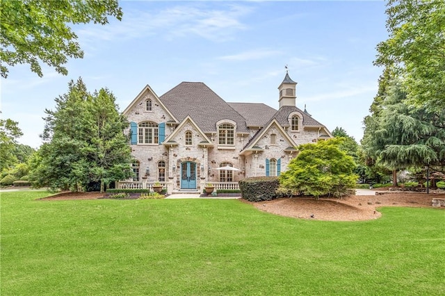 rear view of property featuring french doors and a lawn