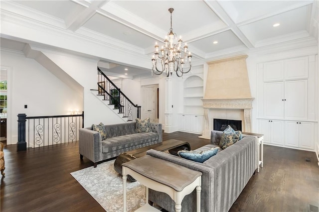 living room with dark wood-style floors, coffered ceiling, a fireplace, and beam ceiling