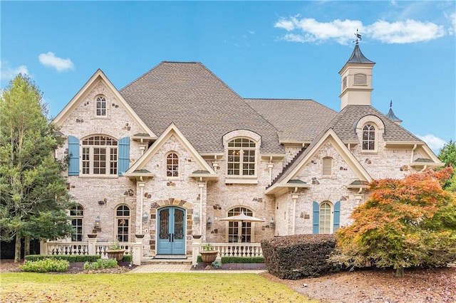 view of front of home featuring a shingled roof, french doors, and brick siding