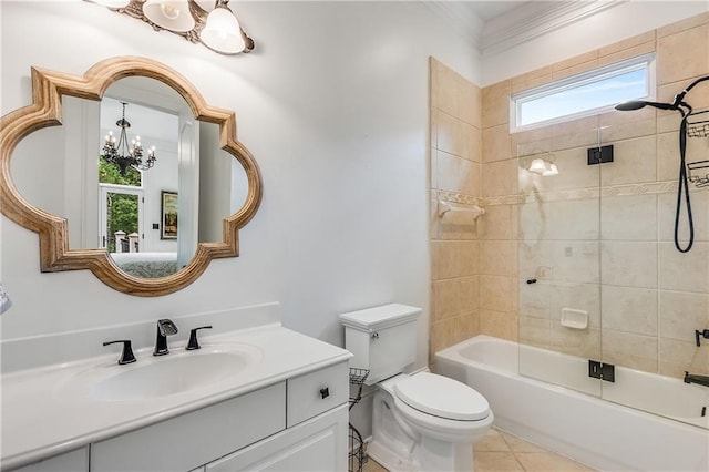 bathroom with bathing tub / shower combination, toilet, vanity, a chandelier, and tile patterned floors