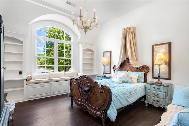 bedroom with ornamental molding, dark wood finished floors, visible vents, and an inviting chandelier