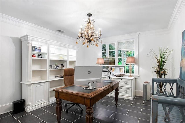 office area featuring a chandelier, ornamental molding, visible vents, and baseboards