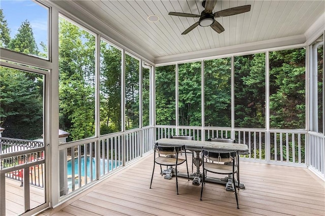 sunroom with wooden ceiling and a ceiling fan