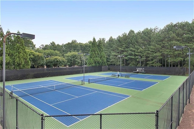 view of tennis court featuring fence