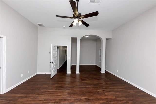 unfurnished bedroom with dark hardwood / wood-style floors and ceiling fan