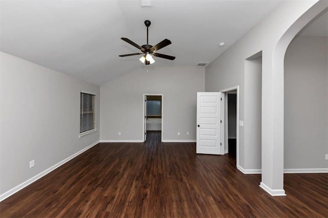 interior space featuring lofted ceiling, dark hardwood / wood-style floors, and ceiling fan