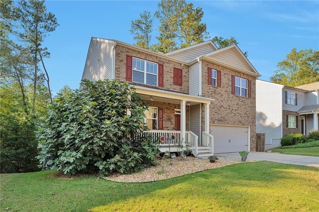 view of front of home with a garage, a porch, and a front lawn