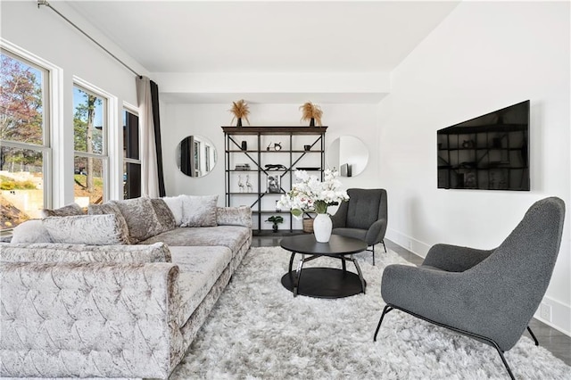 living area with wood finished floors and baseboards